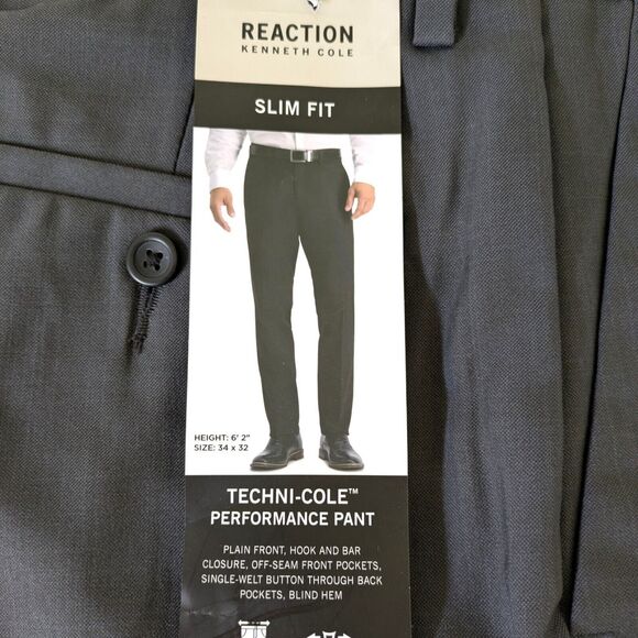 Kenneth Cole Men's Gray Techni-Cole Performance Slim Fit Pants Size 32 x 34 - Picture 1 of 15